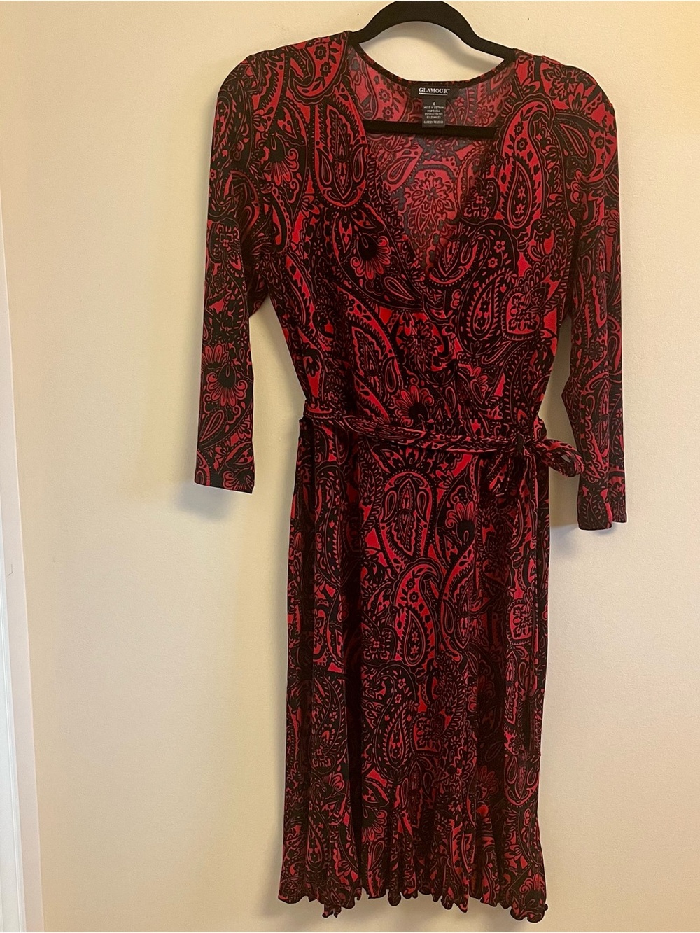 Vtg Womens Dress Red Black Paisley 3/4 Sleeve Faux Wrap Size 8 Office Career